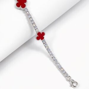 Van Clover Red CZ Bracelet Adjustable 925 Mexican Sterling Silver 19cm